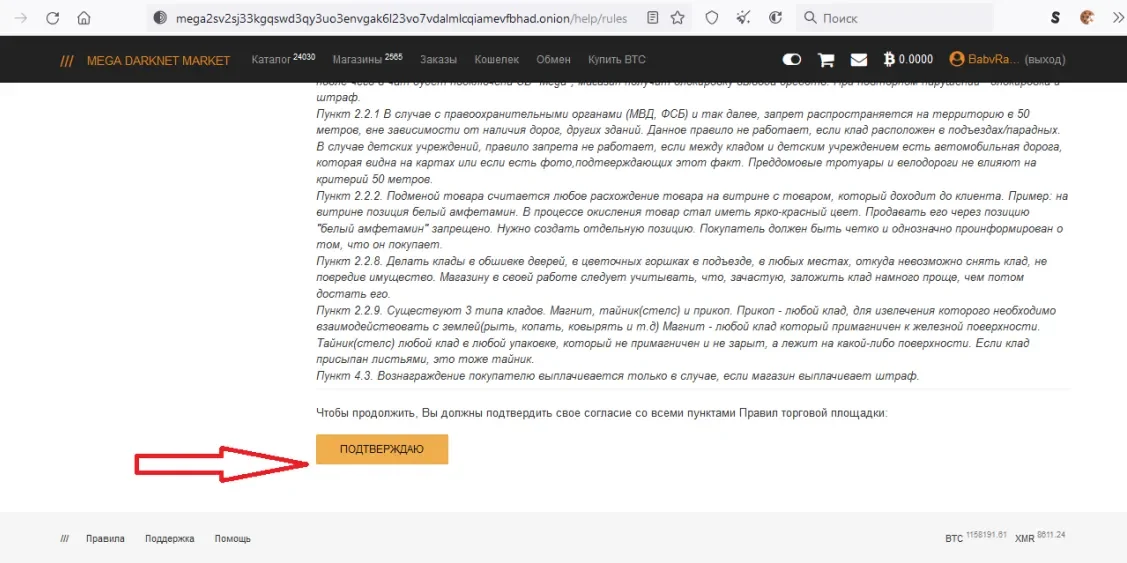 После прочтения правил площадки MEGA нажимаем ПОДТВЕРЖДАЮ.webp